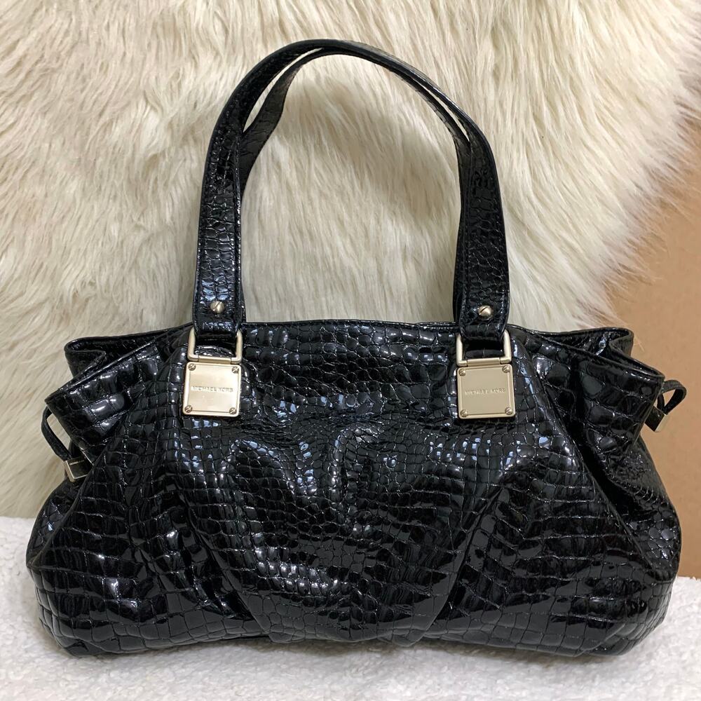 MICHAEL KORS Large Glossy Black Patent Leather Lizard-Embossed Drawstring Tote